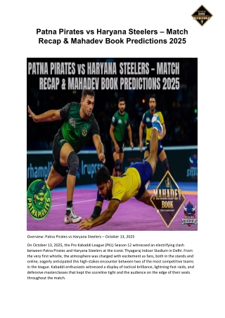 Patna Pirates vs Haryana Steelers – Match Recap & Mahadev Book Predictions 2025