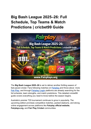 Big Bash League 2025–26 Full Schedule, Top Teams & Match Predictions  cricbet99 Guide