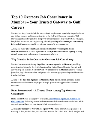 Top 10 Overseas Job Consultancy in Mumbai – Your Trusted Gateway to Gulf Careers