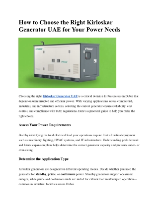 How to Choose the Right Kirloskar Generator UAE for Your Power Needs