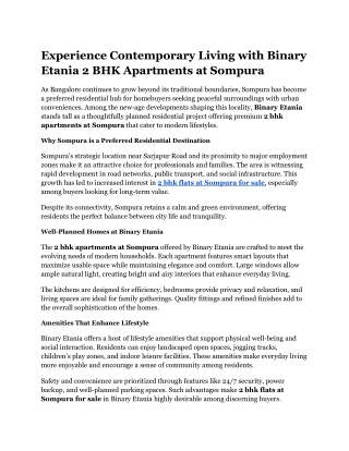 Experience Contemporary Living with Binary Etania 2 BHK Apartments at Sompura