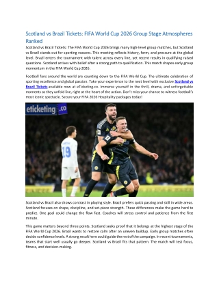 Scotland vs Brazil Tickets FIFA World Cup 2026 Group Stage Atmospheres Ranked