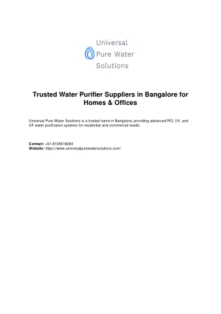 Trusted Water Purifier Suppliers in Bangalore for Homes & Offices