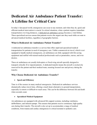 Dedicated Air Ambulance Patient Transfer A Lifeline for Critical Care