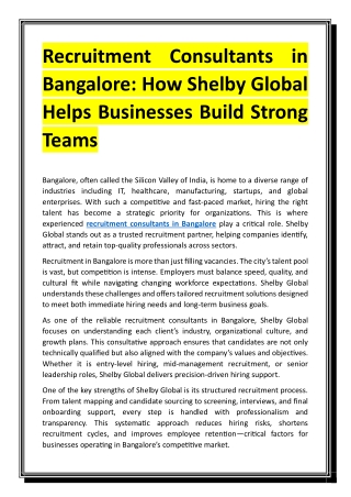 Recruitment Consultants in Bangalore - How Shelby Global Helps Businesses Build Strong Teams