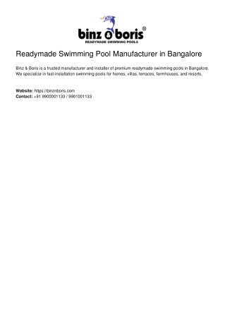 Readymade Swimming Pools in Bangalore