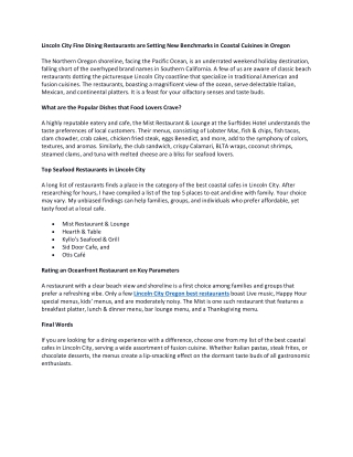 Lincoln City Fine Dining Restaurants are Setting New Benchmarks in Coastal Cuisines in Oregon