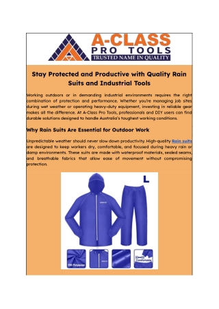 Stay Protected and Productive with Quality Rain Suits and Industrial Tools
