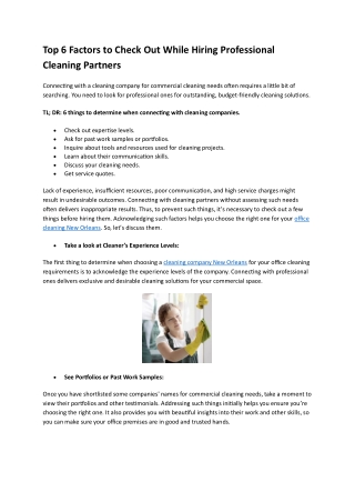 Top 6 Factors to Check Out While Hiring Professional Cleaning Partners