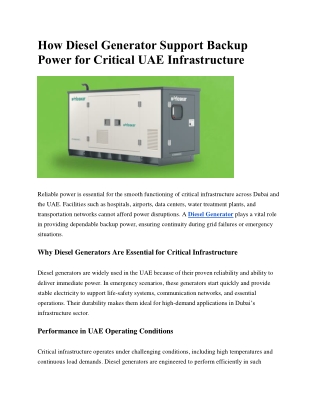 How Diesel Generator Support Backup Power for Critical UAE Infrastructure
