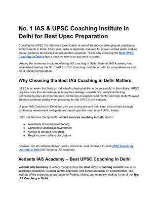 Best UPSC Coaching in Delhi - Vedanta Ias Academy