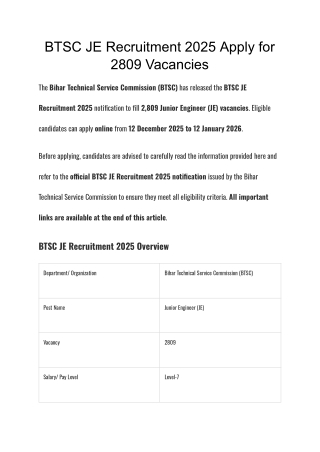 BTSC JE Recruitment 2025 Apply for 2809 Vacancies