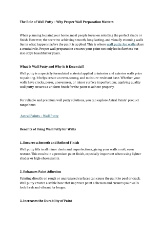 The Role of Wall Putty – Why Proper Wall Preparation Matters