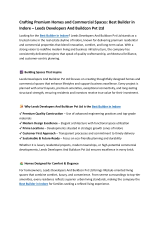 Crafting Premium Homes and Commercial Spaces: Best Builder in Indore