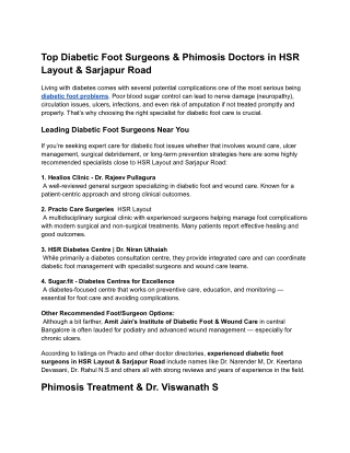 Top Diabetic Foot Surgeons & Phimosis Doctors in HSR Layout & Sarjapur Road
