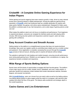 Cricbet99 – A Complete Online Gaming Experience for Indian Players