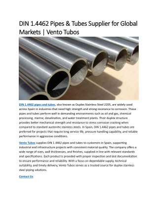 DIN 1.4462 Pipes & Tubes Supplier for Global Markets | Vento Tubos