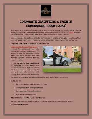 Corporate Chauffeurs & Taxis in Birmingham - Book Today