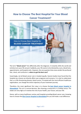 How to Choose The Best Hospital for Your Blood Cancer Treatment?