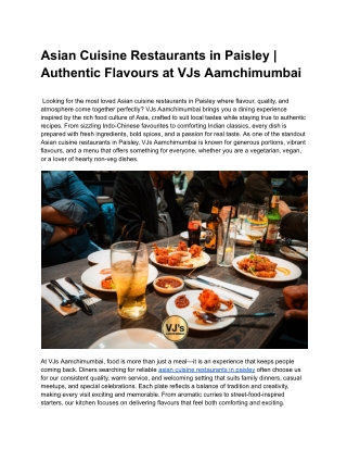 Asian Cuisine Restaurants in Paisley _ Authentic Flavours at VJs Aamchimumbai