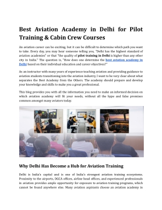 Best Aviation Academy in Delhi for Pilot Training & Cabin Crew Courses