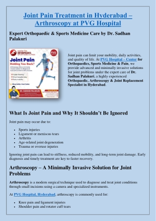 Joint Pain Treatment in Hyderabad – Arthroscopy at PVG Hospital