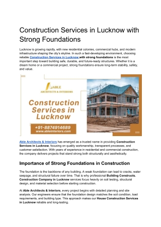 Construction Services in Lucknow with Strong Foundations