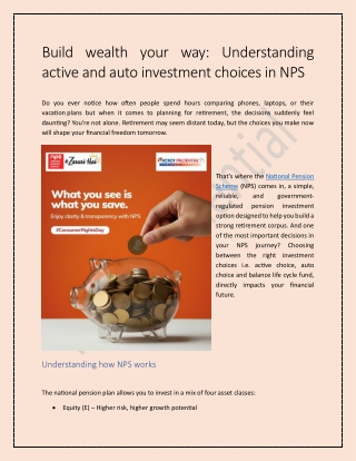Build wealth your way - Understanding active and auto investment choices in NPS