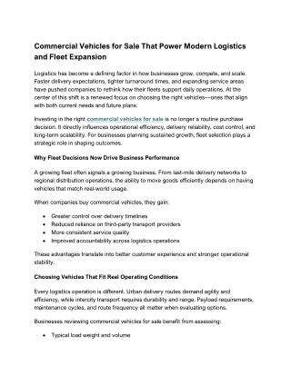 Commercial Vehicles for Sale That Power Modern Logistics and