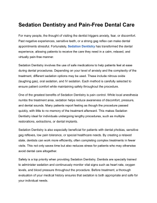 Sedation Dentistry and Pain-Free Dental Care
