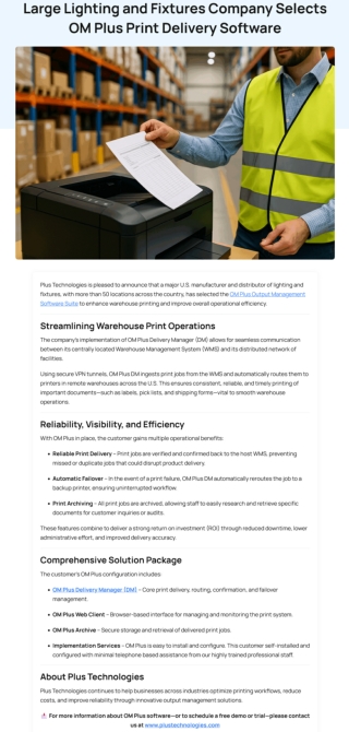 Large Lighting & Fixtures Company Selects OM Plus Print Delivery Software