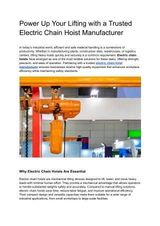 Power Up Your Lifting with a Trusted Electric Chain Hoist Manufacturer