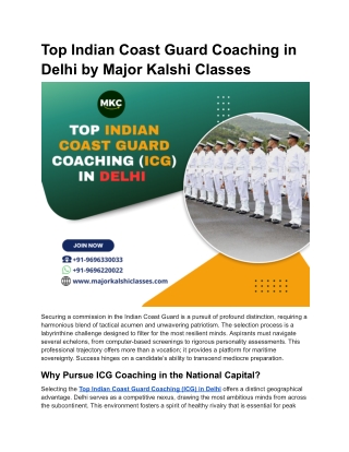 Top Indian Coast Guard Coaching in Delhi by Major Kalshi Classes