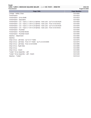 Fendt 1290  1290 S MEDIUM SQUARE BALER (--- HS 74101) Parts Catalogue Manual Instant Download (Part No. 3906199)