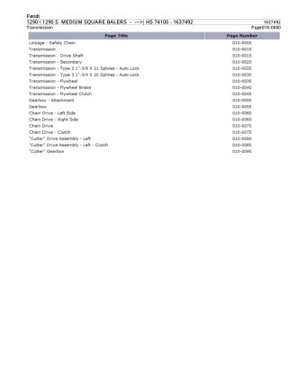 Fendt 1290  1290 S MEDIUM SQUARE BALERS ( HS 74100) Parts Catalogue Manual Instant Download (Part No. 1637492)