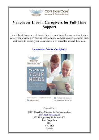 Vancouver Live-in Caregivers for Full-Time Support