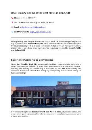 Book Luxury Rooms at the Best Motel in Bend - Motel Westor