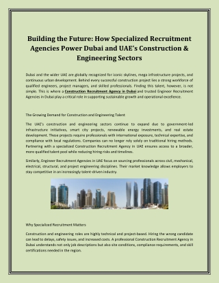 Building the Future How Specialized Recruitment Agencies Power Dubai and UAE’s Construction & Engineering Sectors