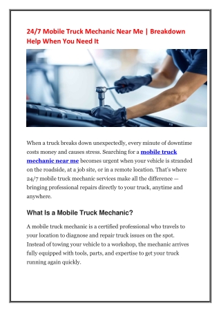 24/7 Mobile Truck Mechanic Near Me | Breakdown Help When You Need It
