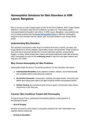 Homeopathic Solutions for Skin Disorders in HSR Layout, Bangalore