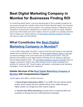 Best Digital Marketing Company in Mumbai for Businesses Finding ROI