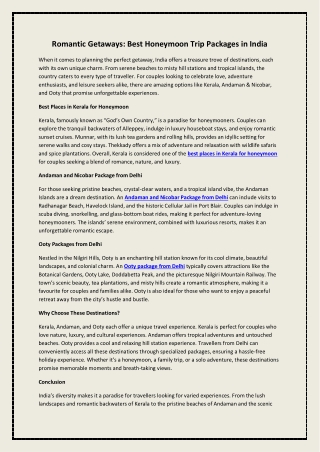 Best Honeymoon Trip Packages in India