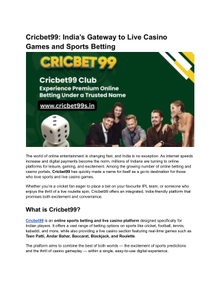 Cricbet99_ India’s Gateway to Live Casino Games and Sports Betting