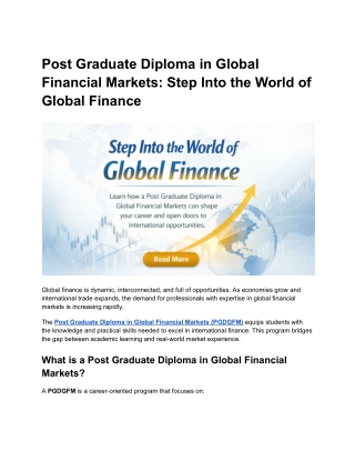 Post Graduate Diploma in Global Financial Markets Step Into the World of Global Finance