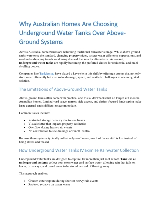 Why Australian Homes Are Choosing Underground Water Tanks Over Above