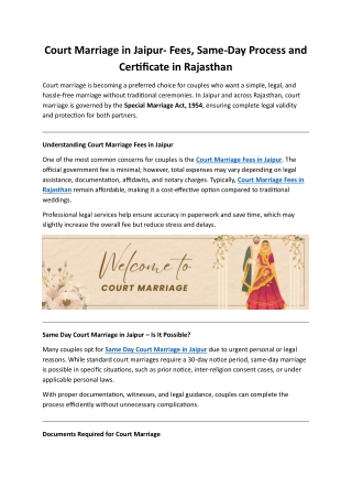 Court Marriage in Jaipur- Fees, Same-Day Process and Certificate in Rajasthan