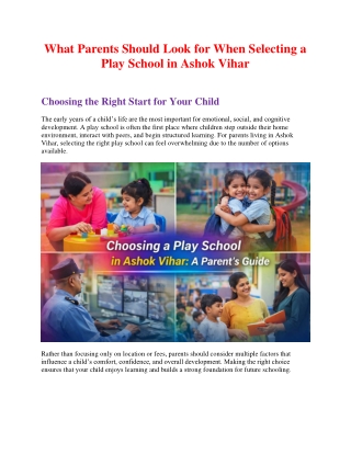 What Parents Should Look for When Selecting a Play School in Ashok Vihar
