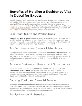 Benefits of Holding a Residency Visa in Dubai for Expats