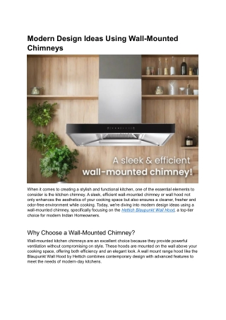 Wall Mounted Kitchen Chimney – Sleek Wall Hood for Modern Kitchens