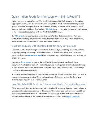 Quick Indian Foods for Monsoon with ShimlaRed RTE